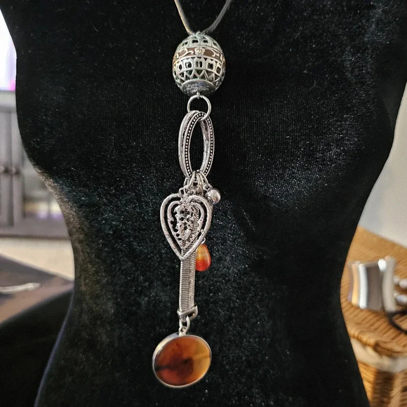 Necklace with silver ball, silver heart  umber dangles - Picture 1 of 4